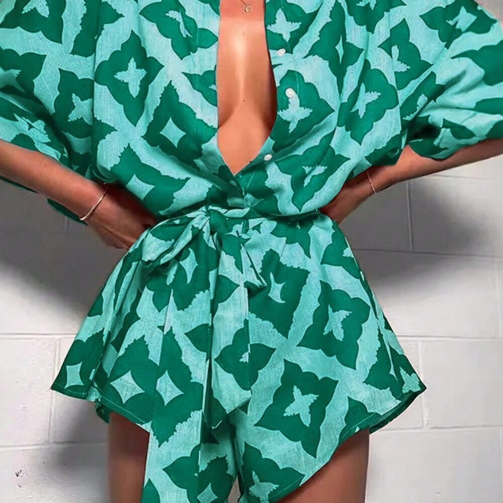 Green Casual Women's Holiday All-Over Print Loose Front-Button Jumpsuit - Picture 3 of 4